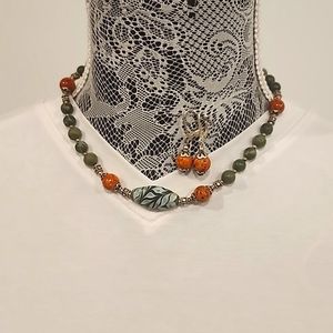 Handmade necklace/earrings set - green, brown. 17 inches.